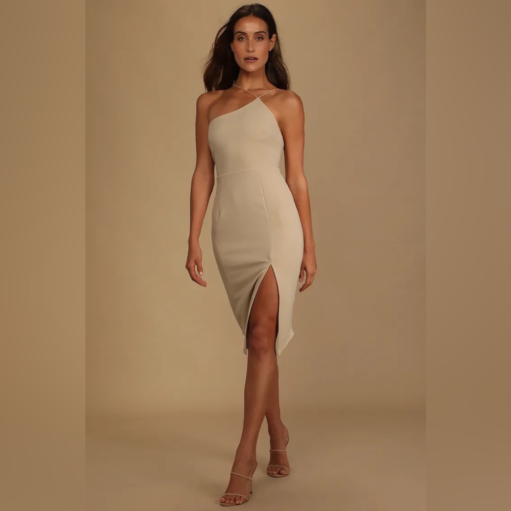 Lulus Happiest Hour Beige Asymmetrical Bodycon Midi Dress
